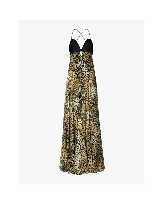 Roberto Cavalli Leopard-print Plunge-neck Silk Maxi Dress in Metallic ...