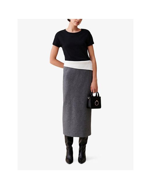 Claudie Pierlot Gray Contrast-Waistband Split-Hem Wool-Blend Midi Skirt