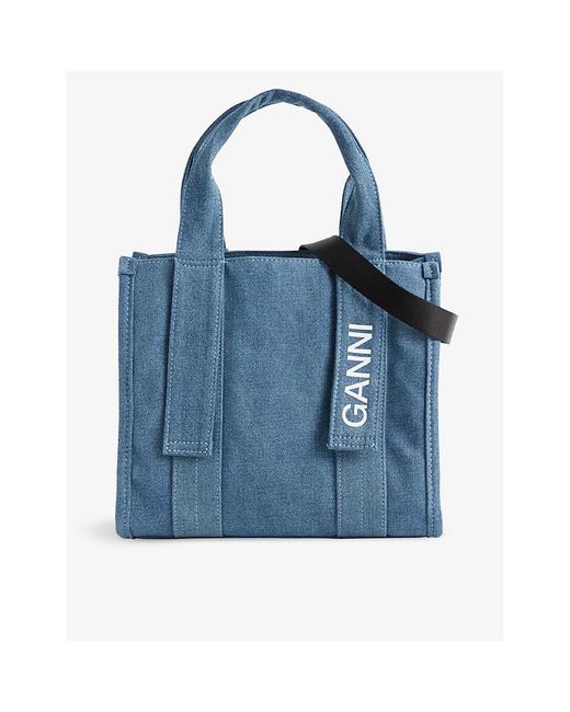 Ganni Blue Branded Recycled-cotton Tote Bag