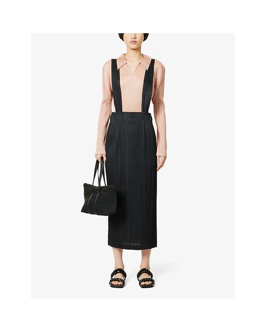 Pleats Please Issey Miyake Black Pleated Shoulder-strap Knitted Midi Skirt