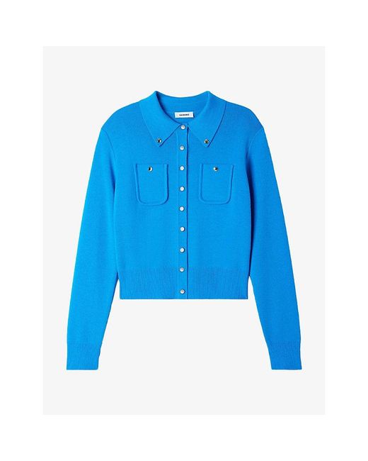 Sandro Blue Button-Embellished Patch-Pocket Wool-Blend Cardigan