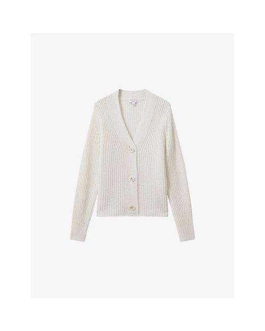 Reiss White Ariana Relaxed-fit Ribbed Cotton And Linen-blend Cardigan