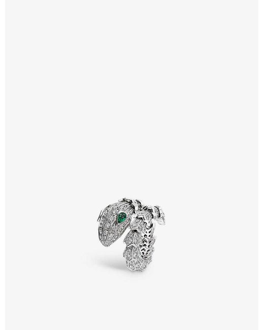 BVLGARI Serpenti Tubolari 18ct White-gold, 3.75ct Brilliant-cut Diamond And 0.26ct Emerald Ring