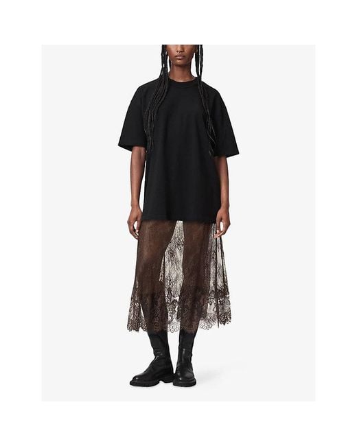AllSaints Brown Arran High-Rise Lace-Embroidered Woven Midi Skirt