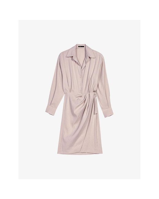 Maje Pink Open-collar Belted-waist Stretch Linen-blend Mini Dress