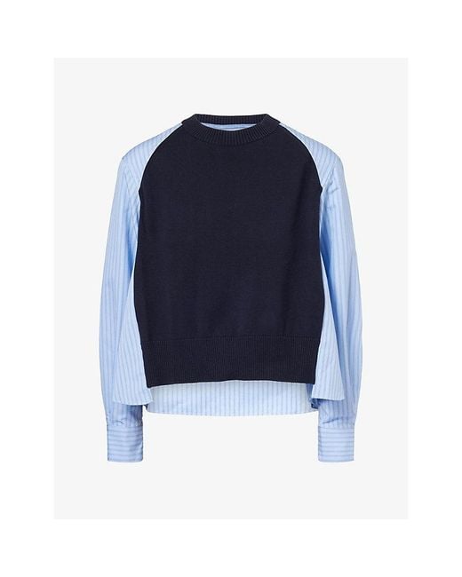 Sacai Blue Striped Contrasting-Panel Cotton Jumper