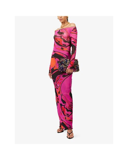 Emilio Pucci Pink Long-Sleeve Printed Tulle Maxi Dress