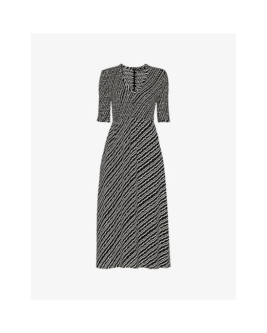 Whistles Gray Graphic-print Shirred-bodice Woven Midi Dress