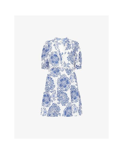 ME+EM Blue Floral Lace-Trim Cotton Mini Dress