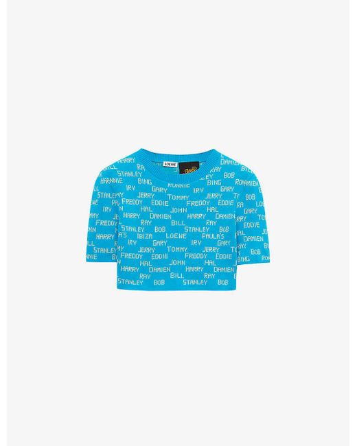 Loewe Blue X Paula's Ibiza Name-intarsia Cropped Cotton Sweater