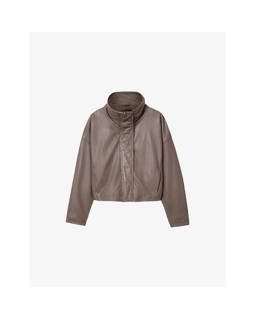 AllSaints Brown Ryder Funnel-Neck Leather Jacket