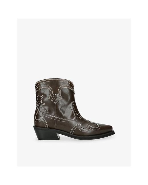 Ganni Brown Western Leather Ankle Boots