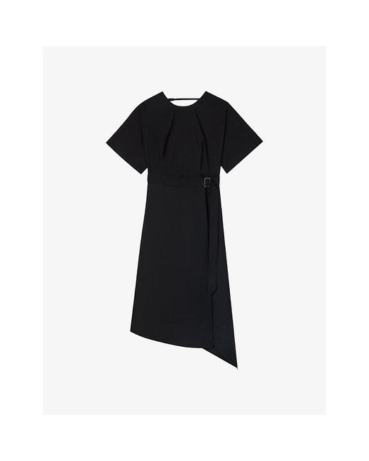 Whistles Black Asymmetric Buckle-Embellished Woven Midi Dress