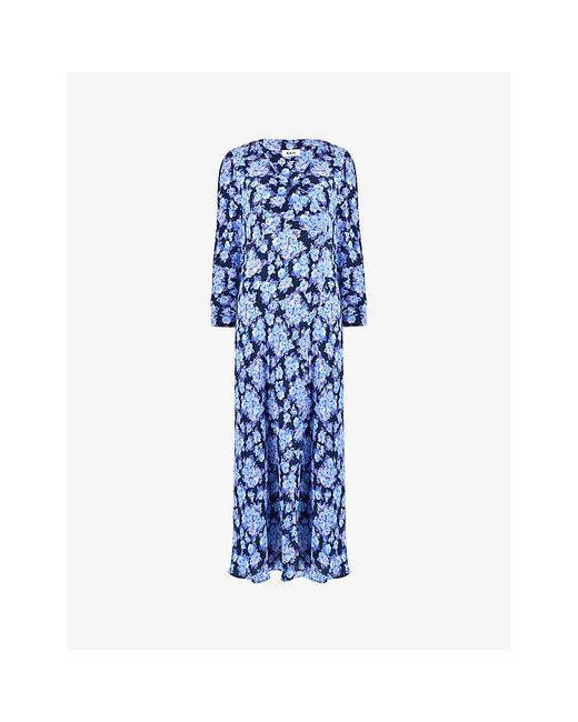 Ro&zo Blue Blurred Floral-print Crepe Midi Skirt