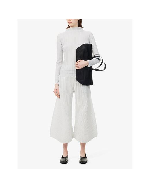 Pleats Please Issey Miyake White Pleated Wide-leg Knitted Trousers