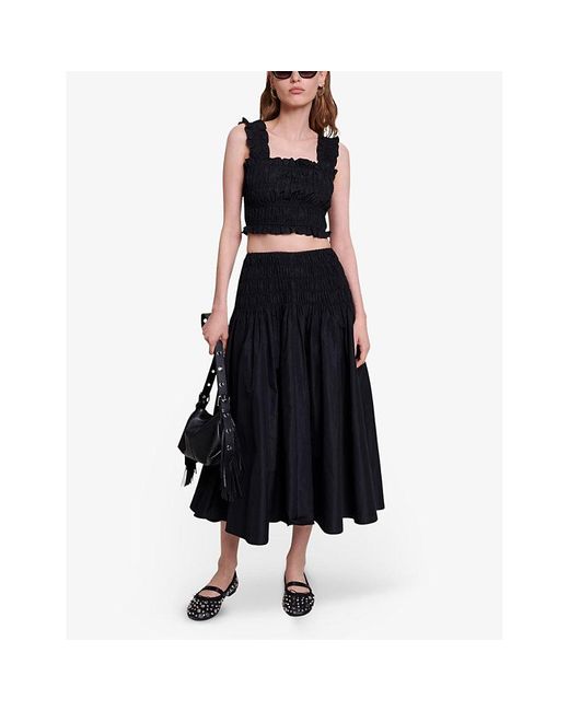 Maje Black Junnaly Smocked-waist Recycled-polyester Maxi Skirt