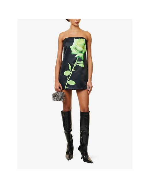 David Koma Green Floral-print Slim-fit Satin Mini Dress