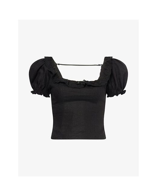 Reformation Black Alice Floral-Print Puff-Sleeve Linen Top