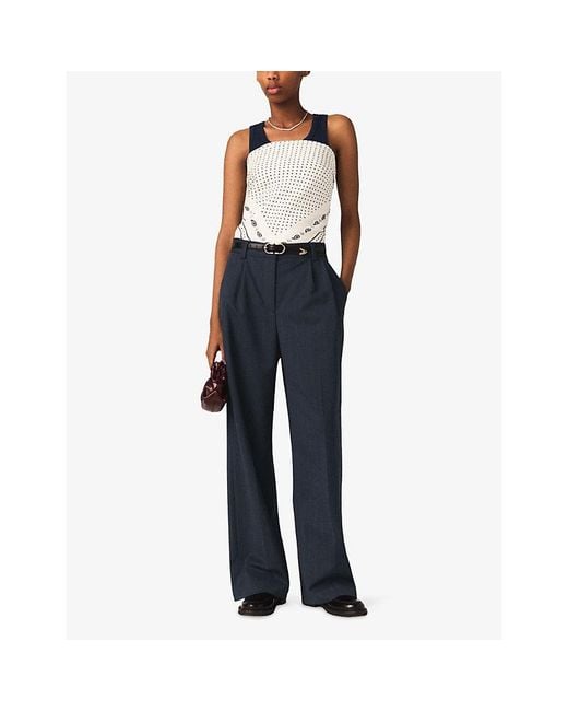 Maje Blue Pinstriped Wide-Leg Wool-Blend Trousers