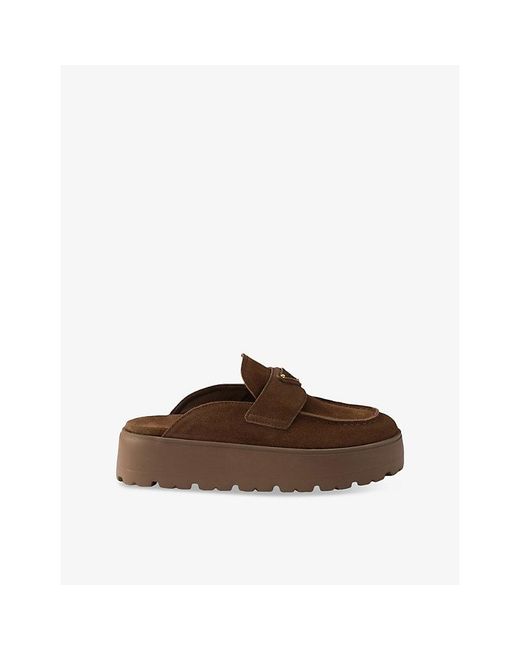 Prada Brown Triangle-Logo Suede Flatform Mules