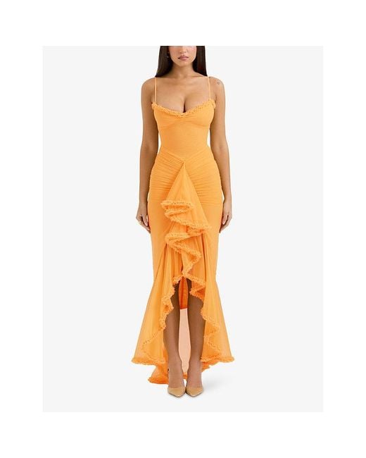 House Of Cb Orange Gabbi Ruffle-Trim Stretch-Woven Maxi Dress