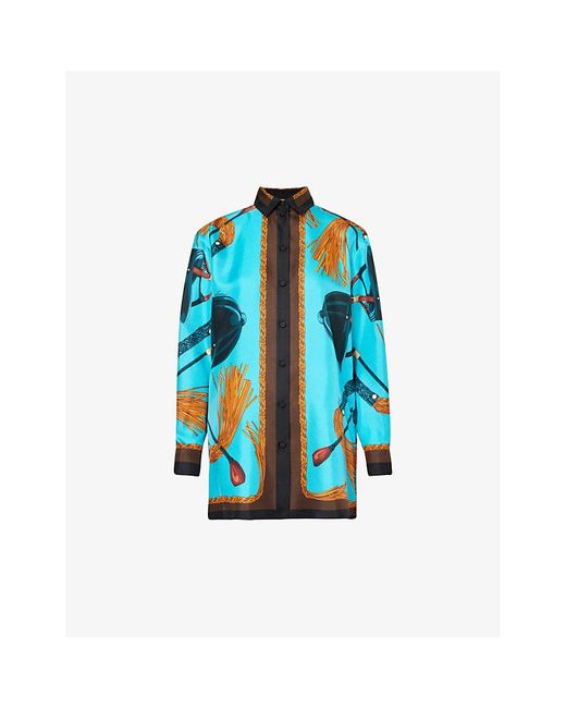 Gucci Blue Graphic-pattern Collar Silk Shirt