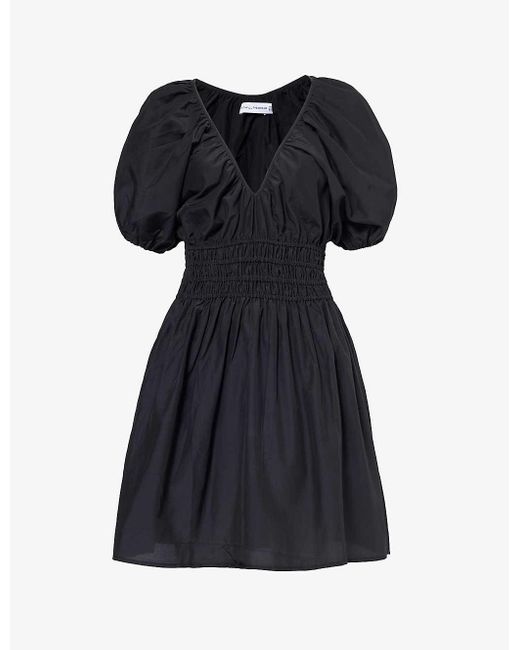 Faithfull The Brand Black Salone V-neck Gathered-waist Silk And Cotton-blend Mini Dress