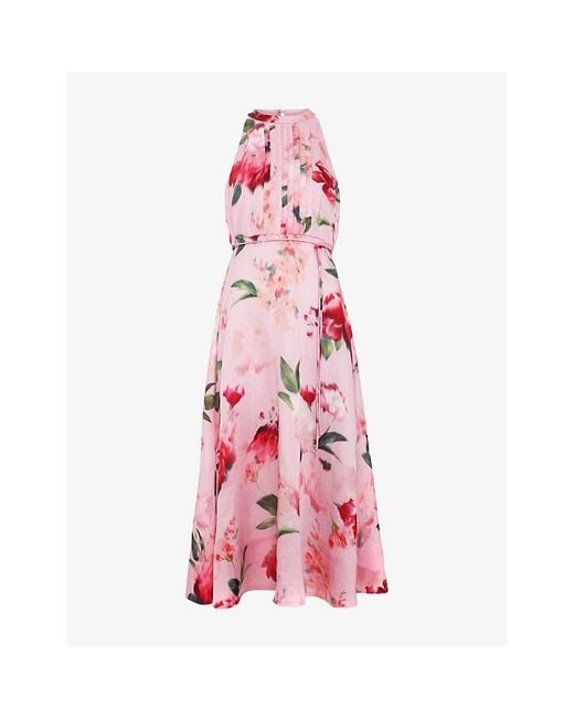 Phase Eight Pink Bethany Floral-Print Linen-Blend Midi Dress