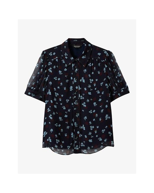 Whistles Blue Floral-Print Short-Sleeve Woven Blouse