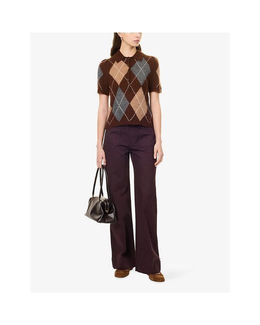 ME+EM Brown Argyle-Pattern Puff-Sleeve Wool-Blend Cardigan