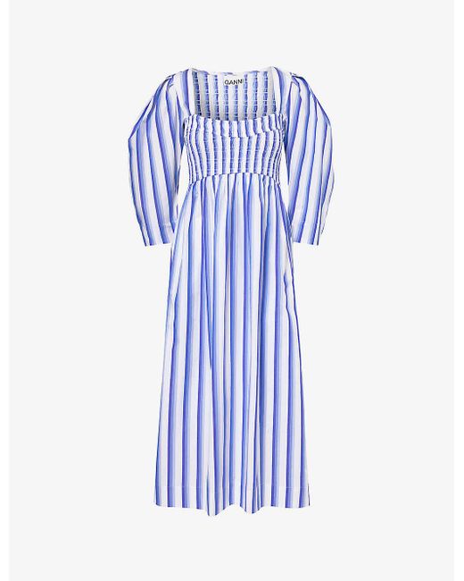 Ganni Blue Striped Balloon-sleeve Organic-cotton Midi Dress