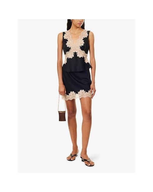 Rixo Black Ariah Lace-Trim Satin Mini Skirt