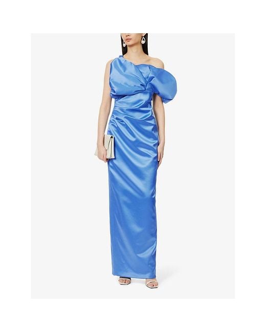 Rachel Gilbert Blue Larna Asymmetric-neck Satin Gown