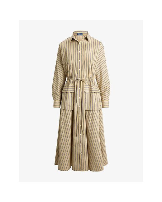 Polo Ralph Lauren Natural Striped Belted-Waist Cotton Shirt Midi Dress