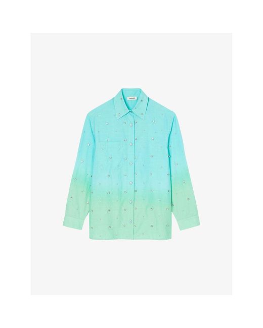 Sandro Blue Rhinestone-embellished Tie-dye Cotton Shirt