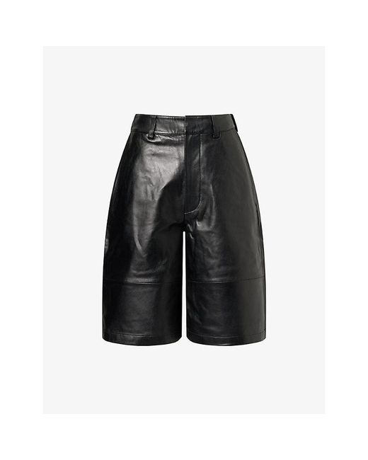 Frankie Shop Black Olivia Relaxed-Fit Leather Bermuda Shorts