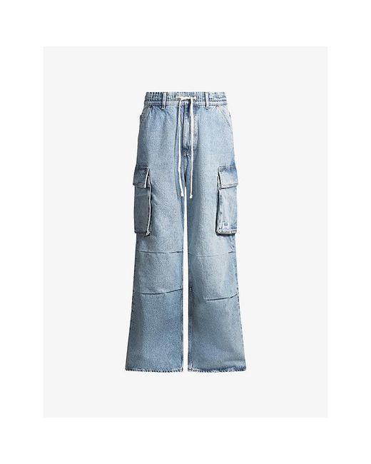 HUGO Blue Drawstring-Waist Cargo-Pocket Denim Jeans for men