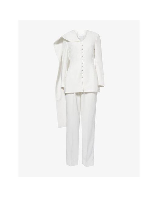 Mona Alshebil White Draped-Scarf Cinched-Waist Woven Suit