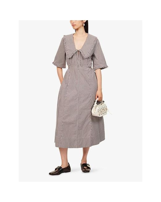 Ganni Gray Checked Cut-Out Cotton Midi Dress