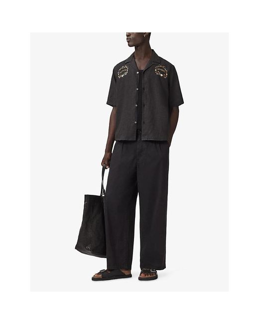 AllSaints Blue Klavicle Embroidered Short-Sleeve Linen Shirt for men
