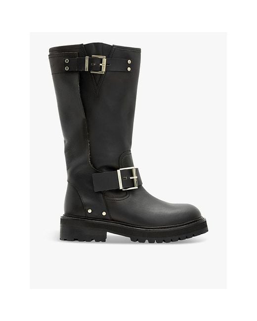 AllSaints Black Tay Calf Length Leather Biker Boots