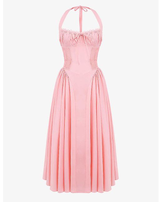 House Of Cb Pink Adabella Halterneck Stretch-cotton Midi Dress
