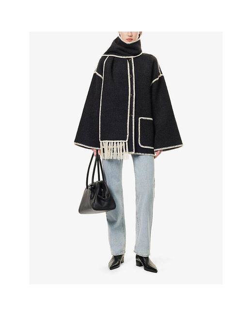 Totême Blue Embroidered-Trim Scarf Wool-Blend Jacket