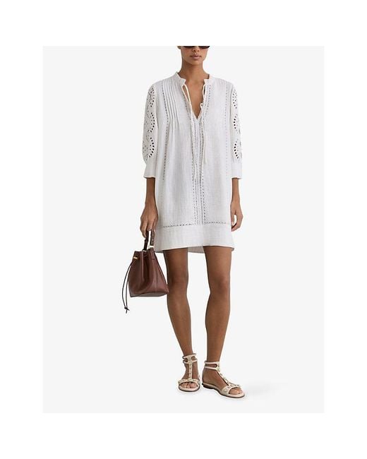 Reiss White Gia Cheesecloth Tie-Neck Cotton Mini Dress