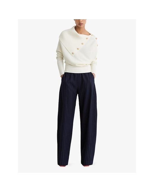 Reiss White Lexi Shawl-Collar Button-Embellished Stretch-Knit Jumper