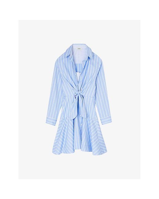 Sandro Blue Stripe-pattern Tie-front Cotton Shirt Dress