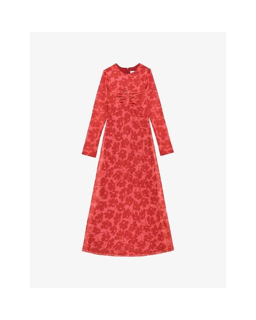 Ro&zo Red Floral-Print Long-Sleeves Mesh Dress