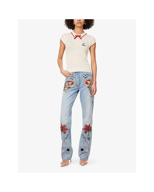 Valentino Blue Floral-Embroidered Straight Denim Jeans