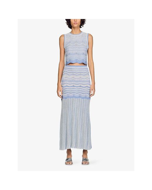 Sandro Blue Sleeveless Scalloped-Hem Knitted Crop Top