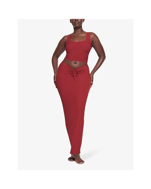 Skims Red Soft Lounge Ruched-front Stretch-jersey Maxi Skirt